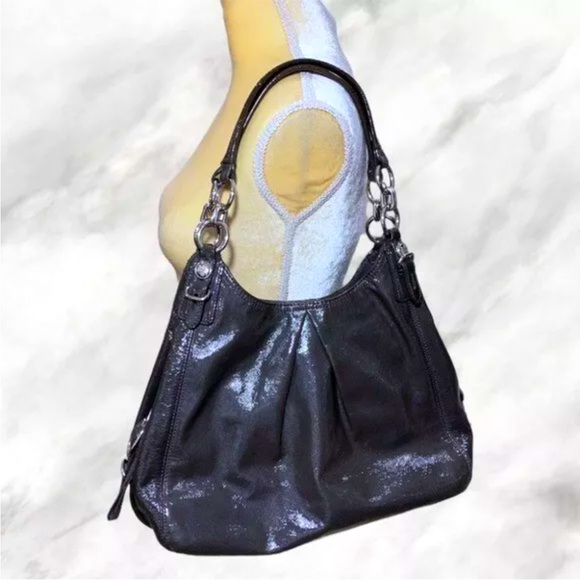 COACH MIA PATENT LEATHER SHINY HOBO SHOULDER BAG IN DARK GRAY - Picture 1 of 12